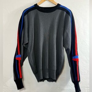 White Stag Vintage Crewneck Sweater w/ Bold Blue and Red Racing Sleeve Stripes